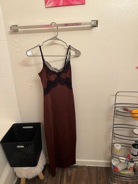 Zara Brown Slip Dress with Black Lace Trim